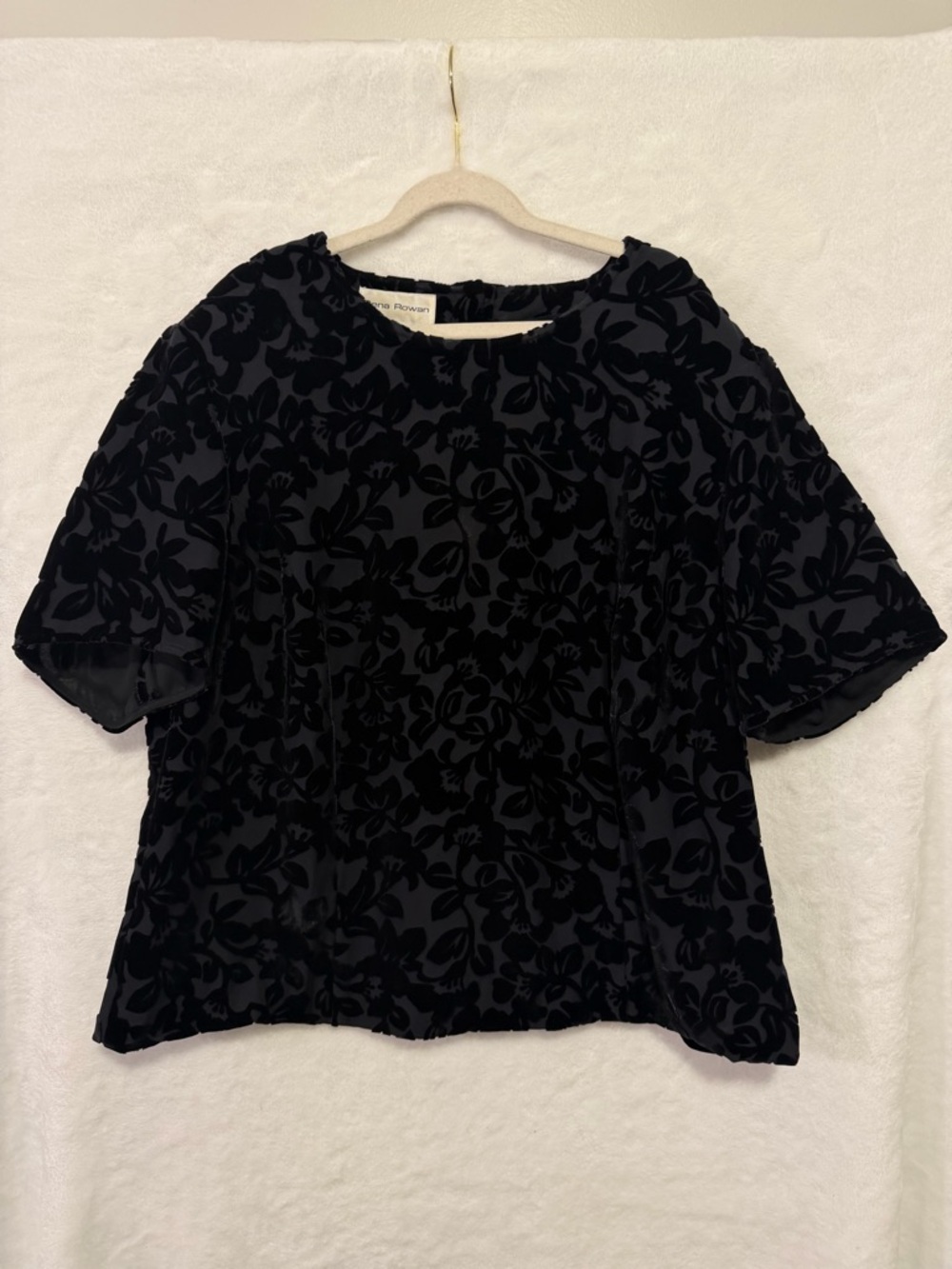 Vintage 90s Top Womens 14W Rena Rowan Black Burnout Velvet Floral Short Sleeve